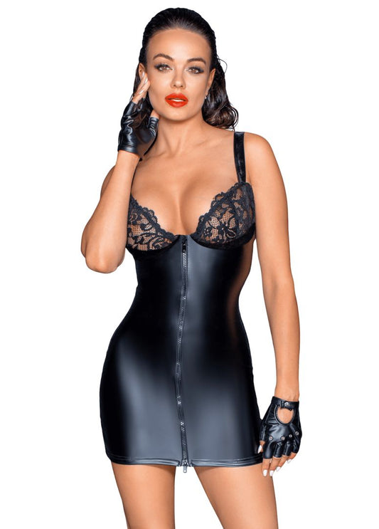 F254 Mini-robe Powerwetlook avec poitrine en dentelle et fermeture éclair à 2 sens